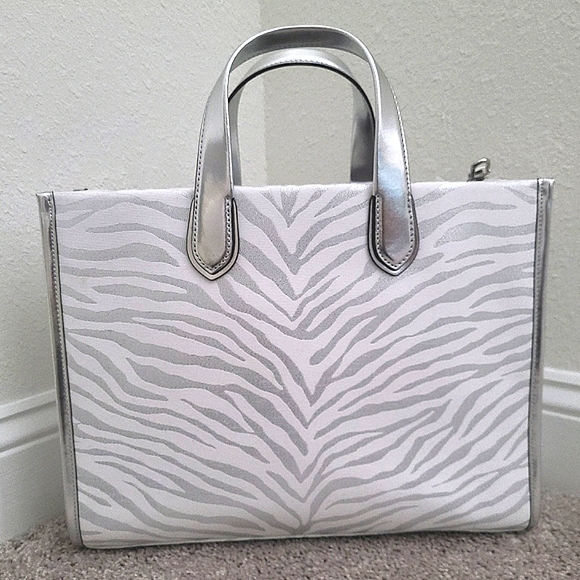 Michael Kors Silver Metallic Gigi Zebra Print Large Grab Tote Bag NWT - Picture 7 of 16